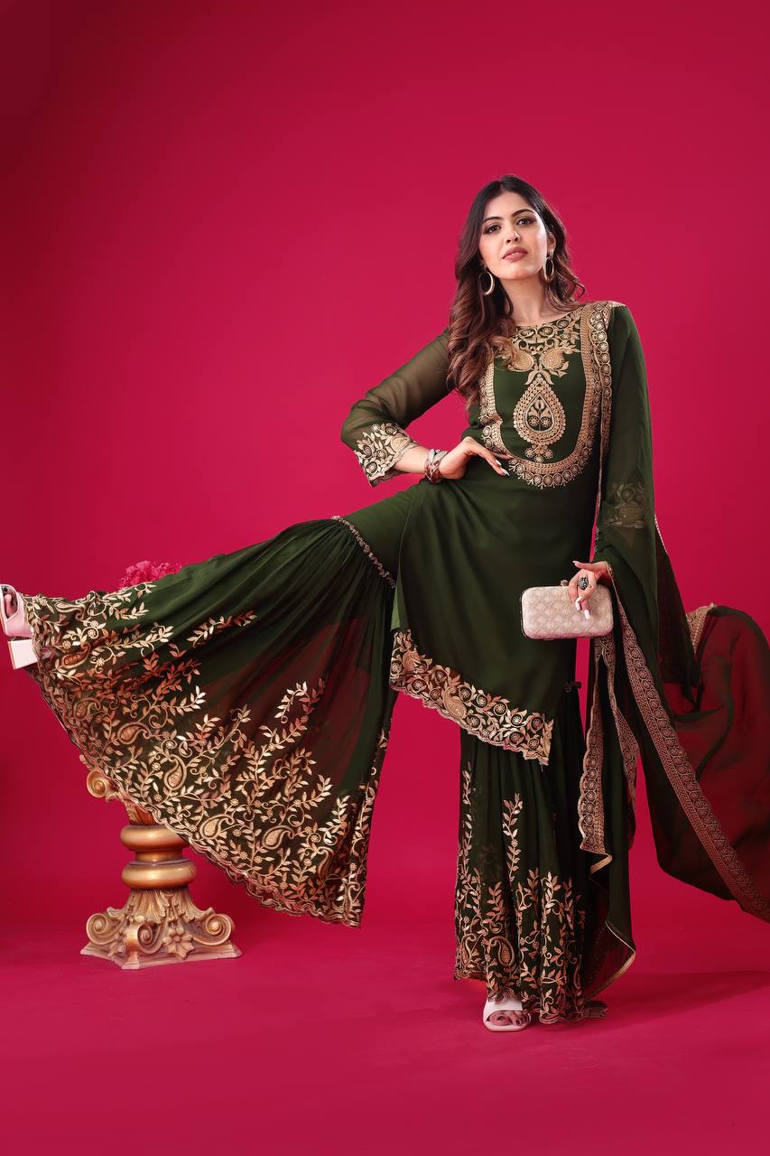 Green Designer Blooming Faux Georgette Palazzo Top and Dupatta