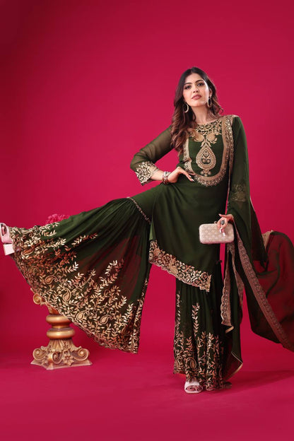 Green Designer Blooming Faux Georgette Palazzo Top and Dupatta