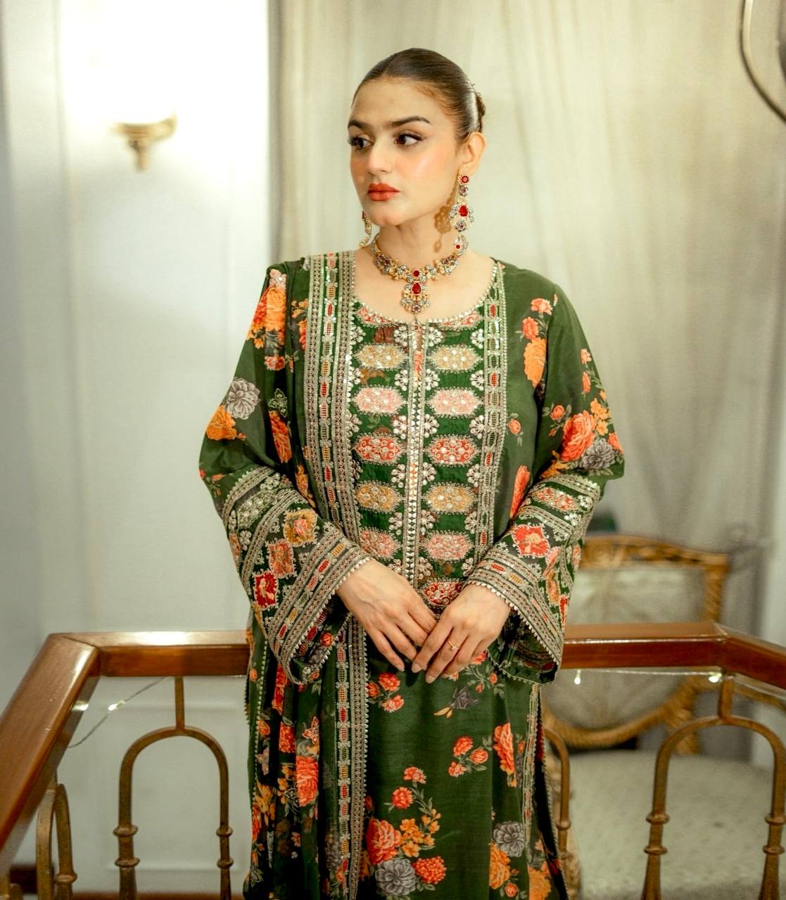 Green Designer Chinon Silk Print Top Bottom and Dupatta For Party Wear