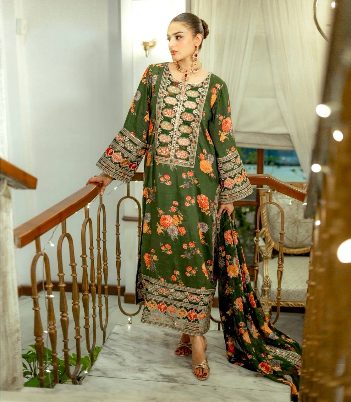 Green Designer Chinon Silk Print Top Bottom and Dupatta For Party Wear