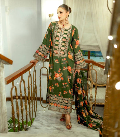 Green Designer Chinon Silk Print Top Bottom and Dupatta For Party Wear