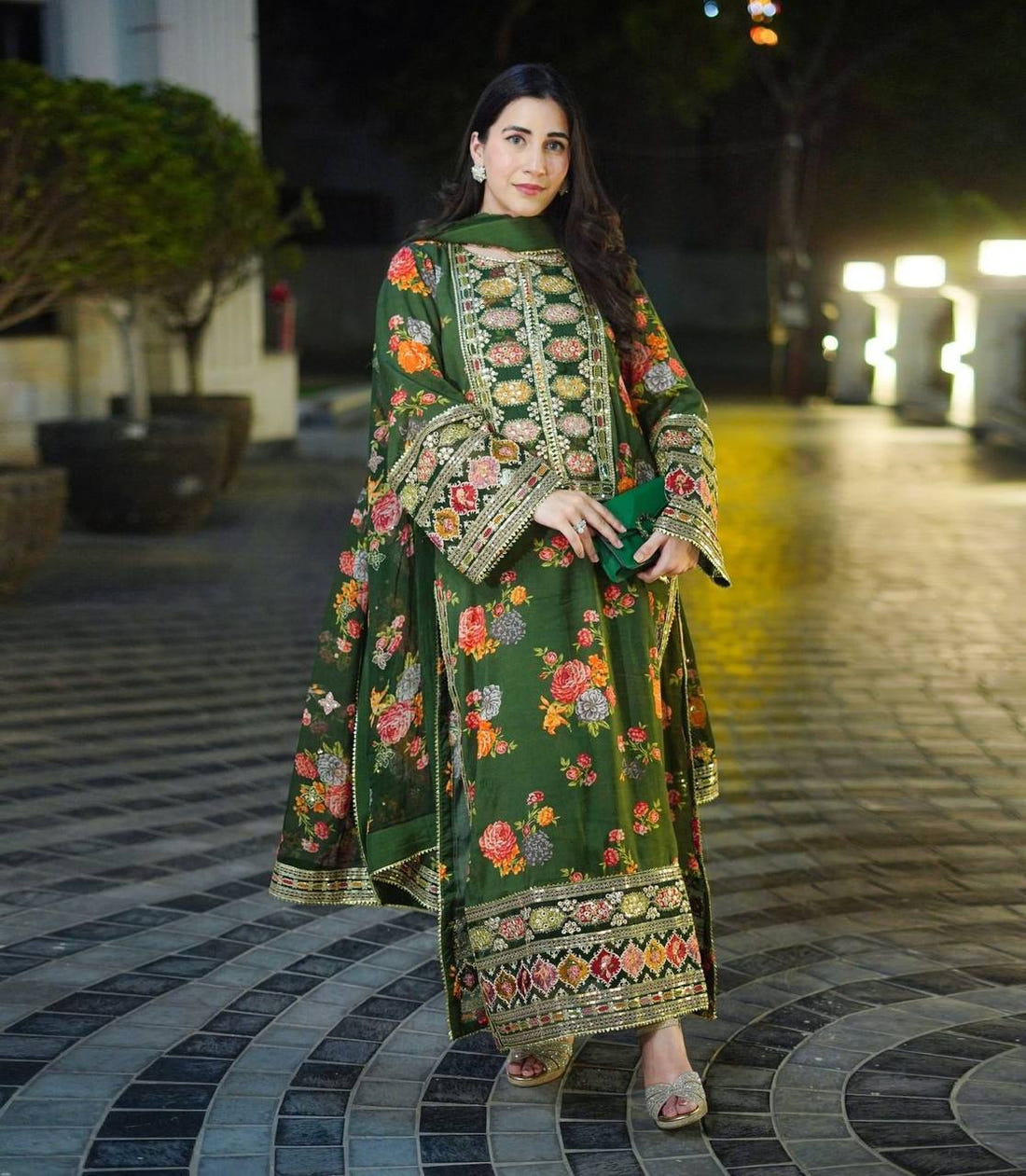 Green Designer Chinon Silk Print Top Bottom and Dupatta For Party Wear