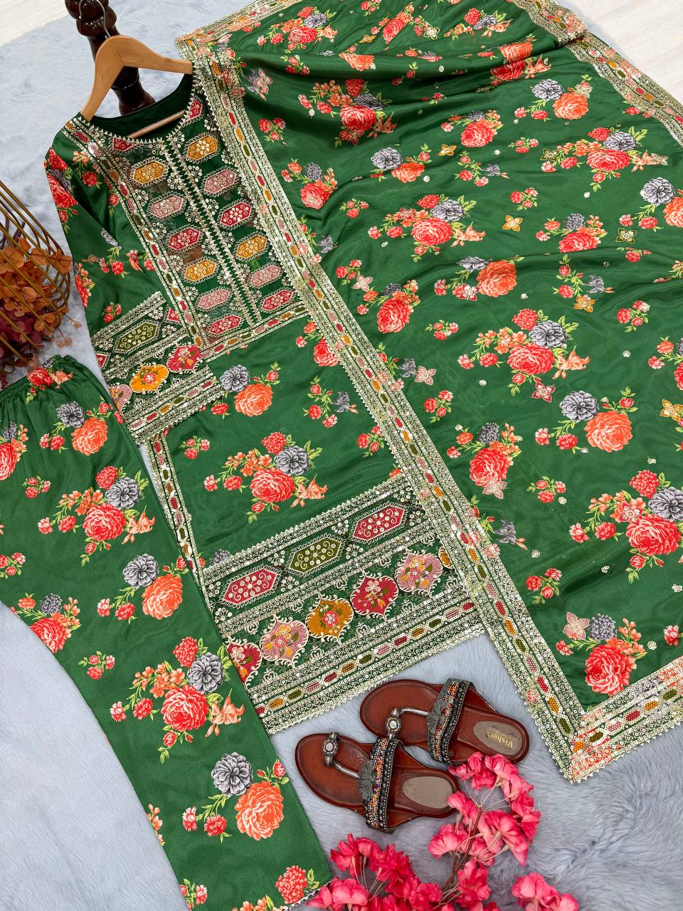Green Designer Chinon Silk Print Top Bottom and Dupatta For Party Wear