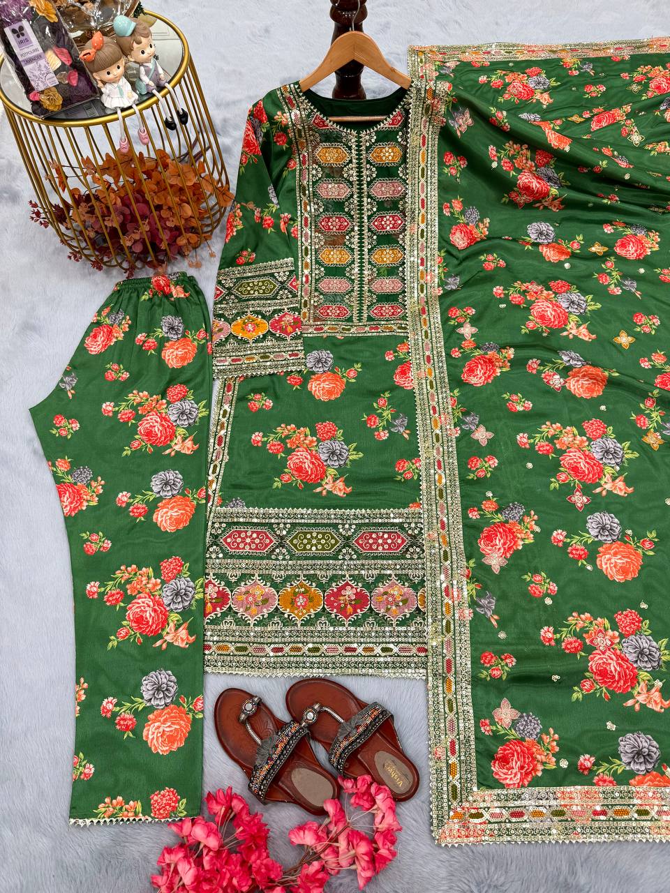 Green Designer Chinon Silk Print Top Bottom and Dupatta For Party Wear