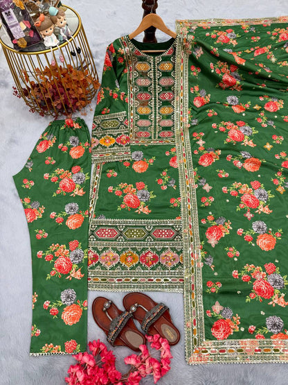 Green Designer Chinon Silk Print Top Bottom and Dupatta For Party Wear