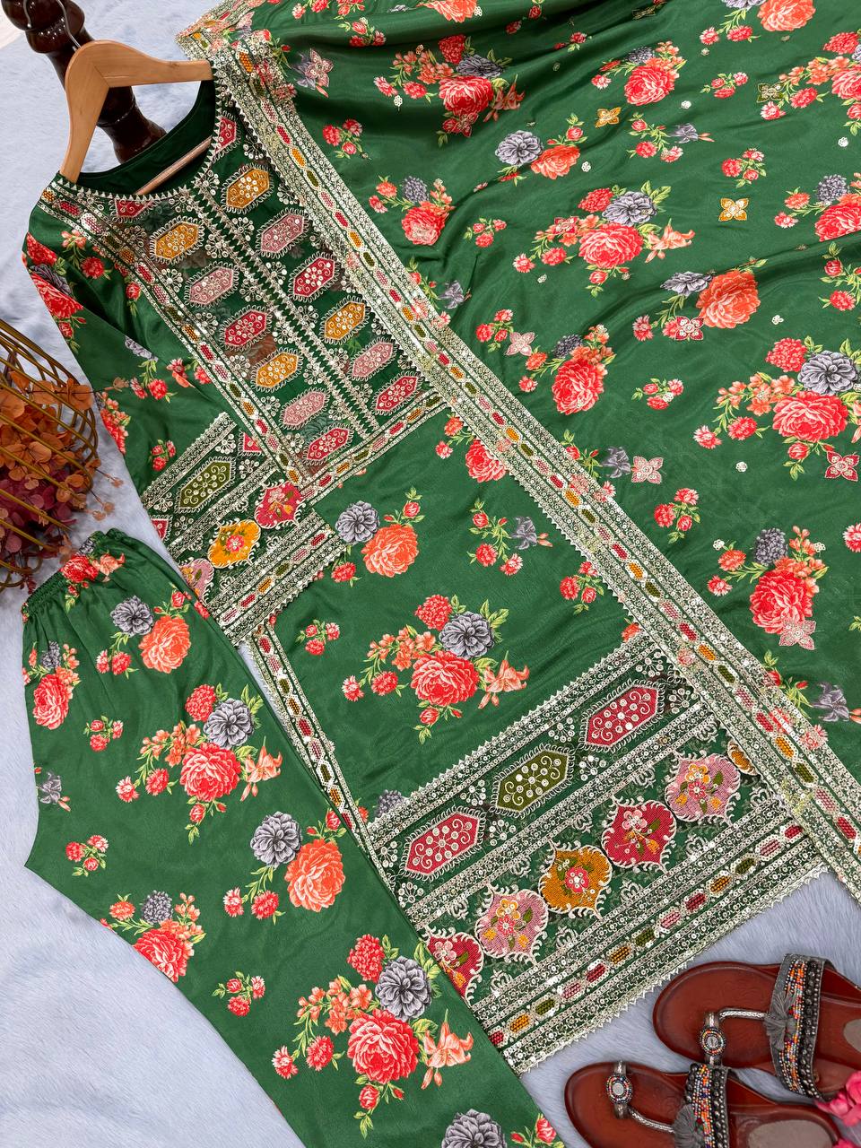 Green Designer Chinon Silk Print Top Bottom and Dupatta For Party Wear
