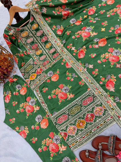 Green Designer Chinon Silk Print Top Bottom and Dupatta For Party Wear