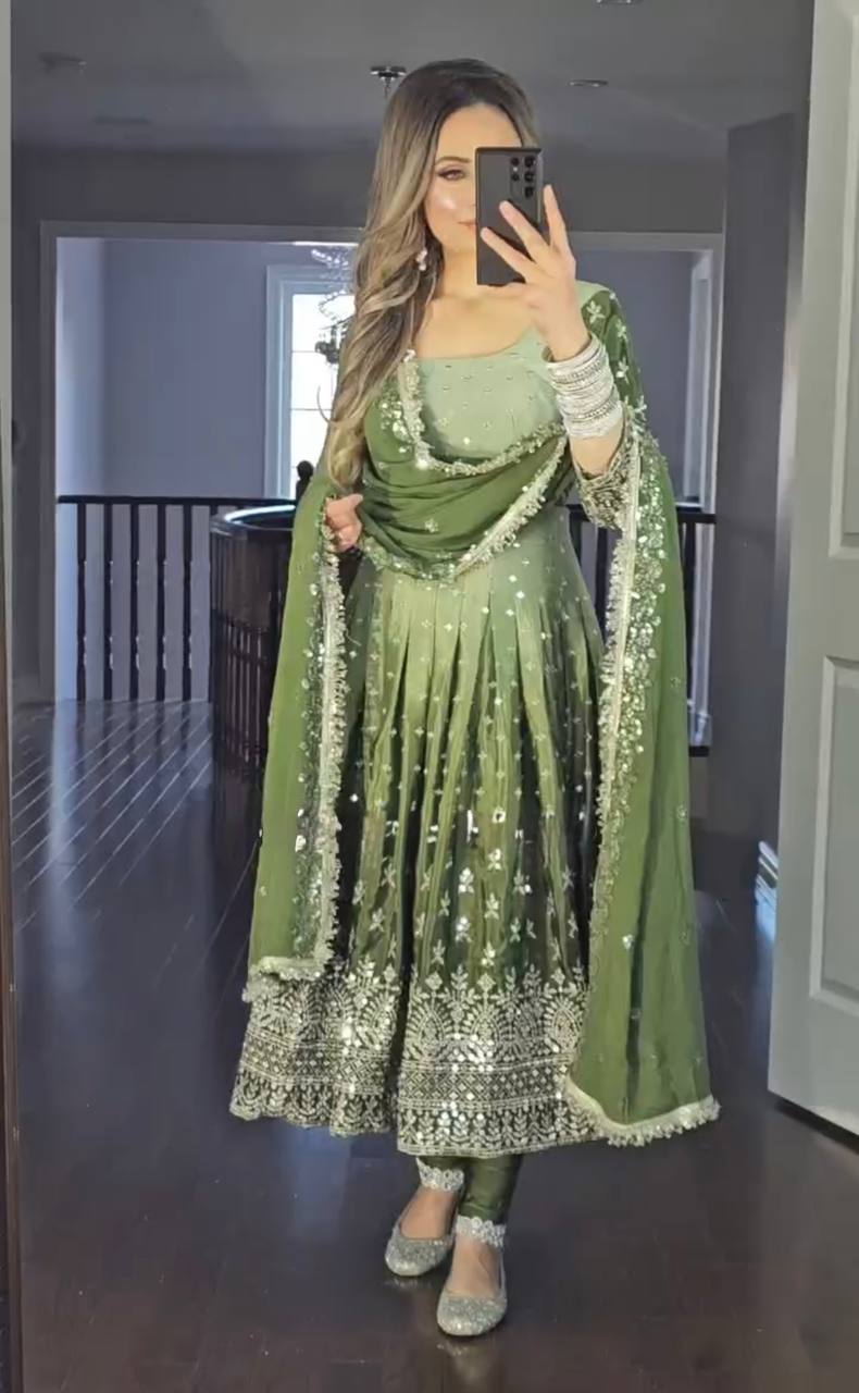 Green Designer Dual Tone Chinon Silk Anarkali Gown with Dupatta