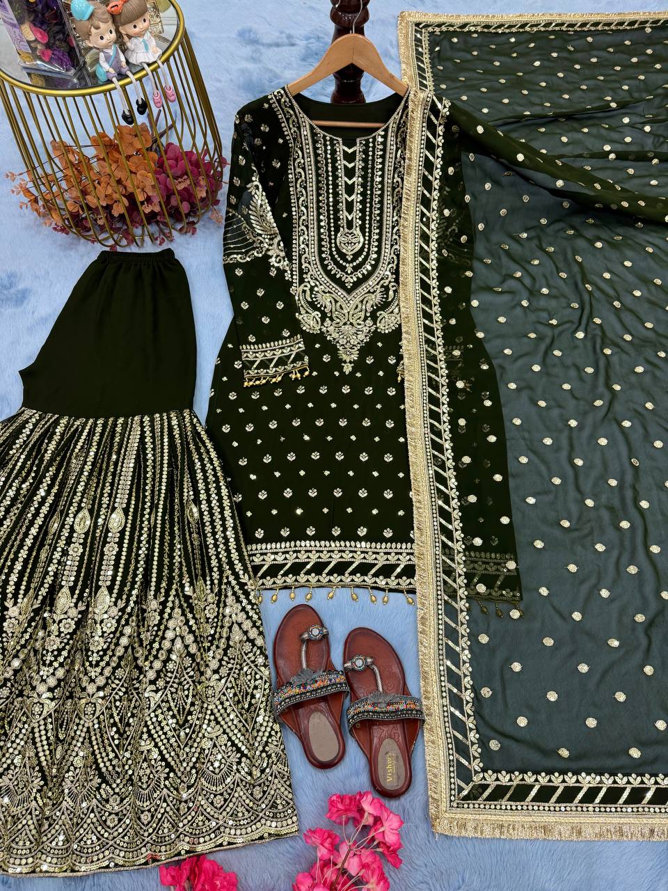 Green Designer Farshi Plazzo Top and Dupatta For Nikah Wear