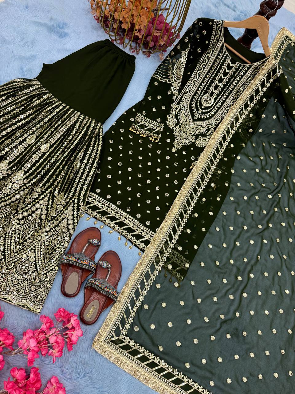 Green Designer Farshi Plazzo Top and Dupatta For Nikah Wear