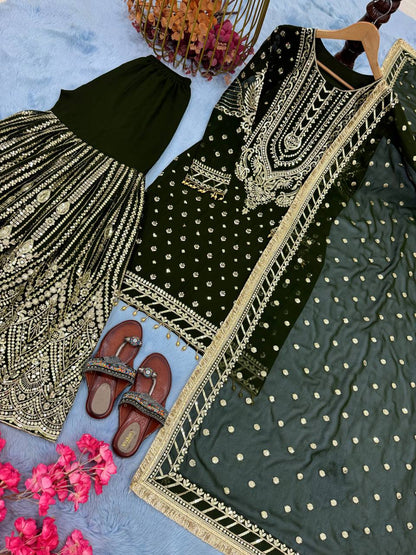 Green Designer Farshi Plazzo Top and Dupatta For Nikah Wear