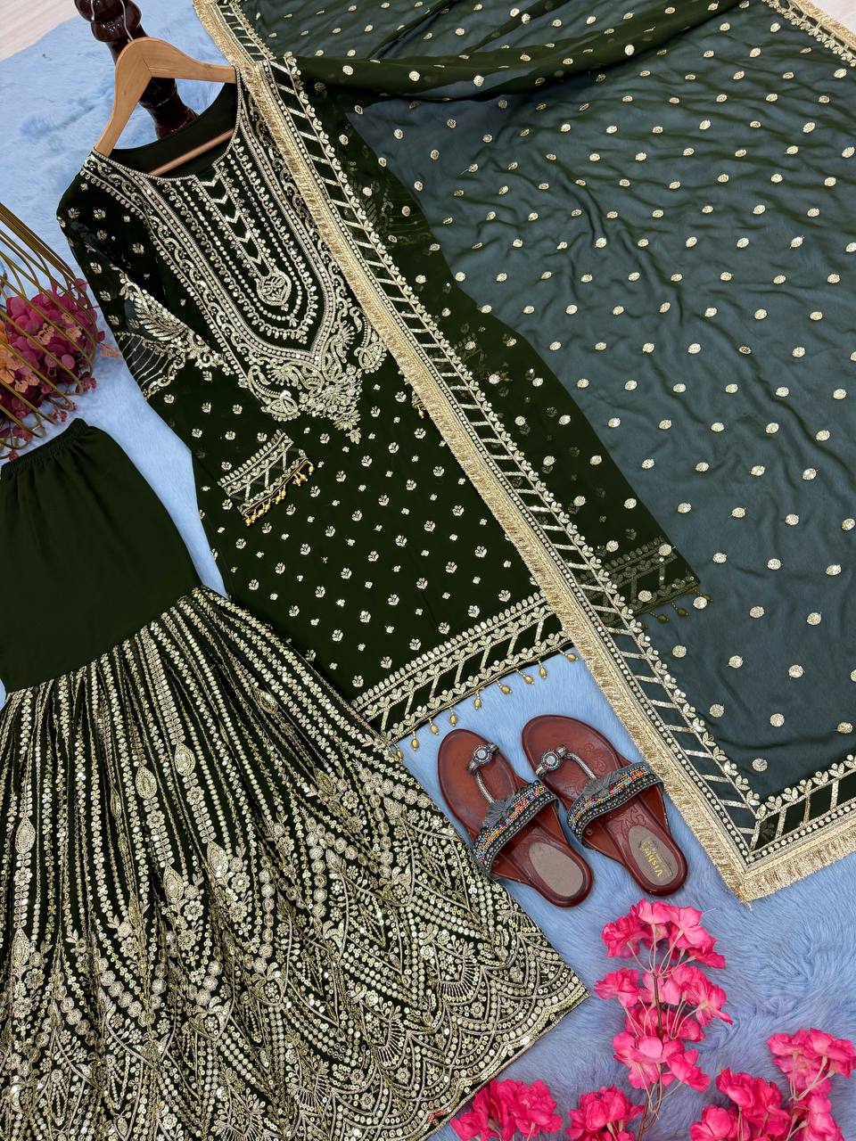 Green Designer Farshi Plazzo Top and Dupatta For Nikah Wear