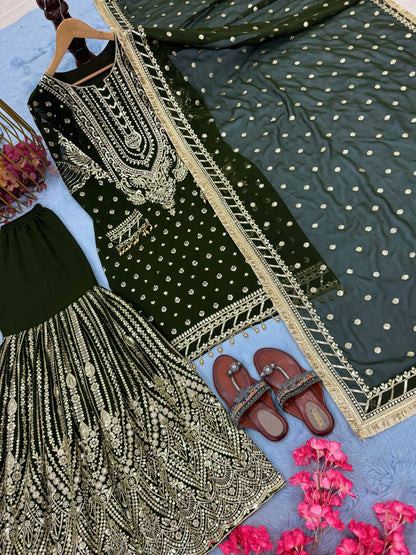 Green Designer Farshi Plazzo Top and Dupatta For Nikah Wear