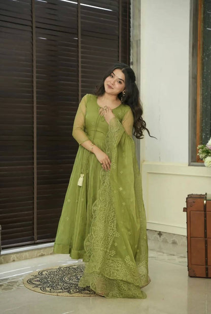 Green Designer Faux Georgette Embroidered Gown and Dupatta Set