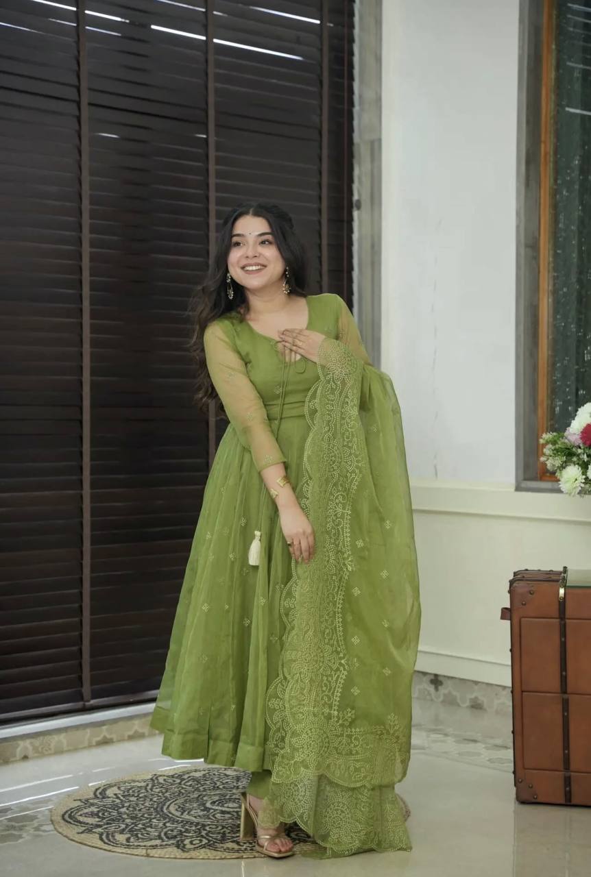 Green Designer Faux Georgette Embroidered Gown and Dupatta Set