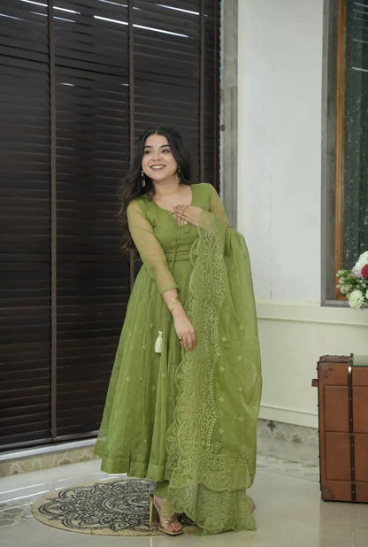 Green Designer Faux Georgette Embroidered Gown and Dupatta Set