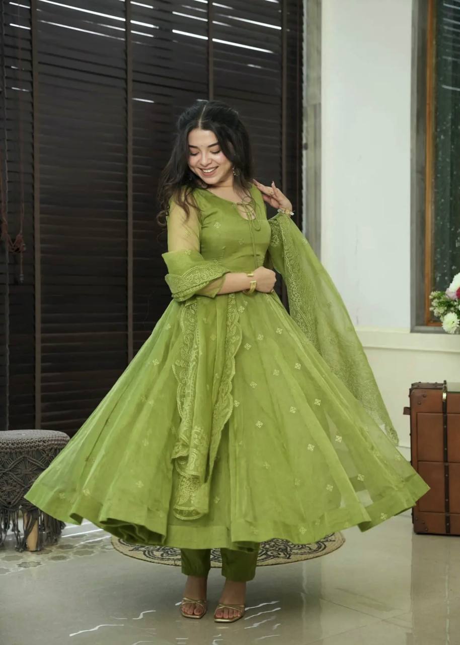 Green Designer Faux Georgette Embroidered Gown and Dupatta Set