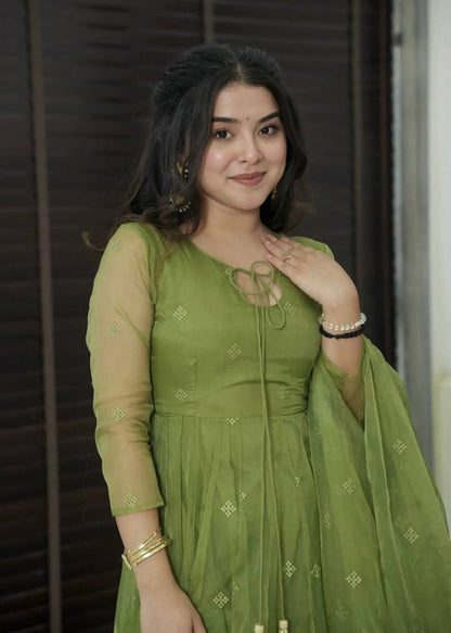 Green Designer Faux Georgette Embroidered Gown and Dupatta Set