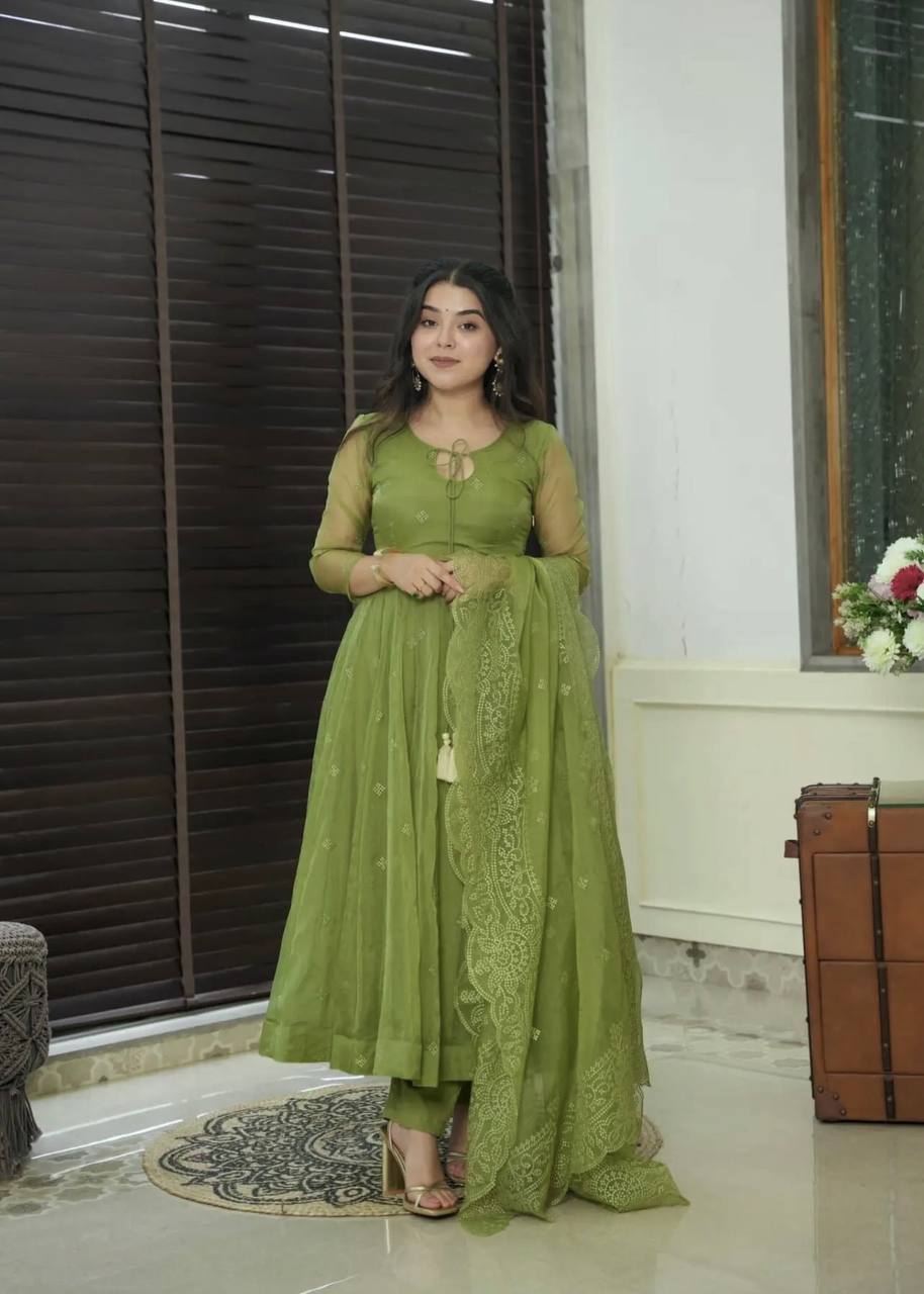 Green Designer Faux Georgette Embroidered Gown and Dupatta Set