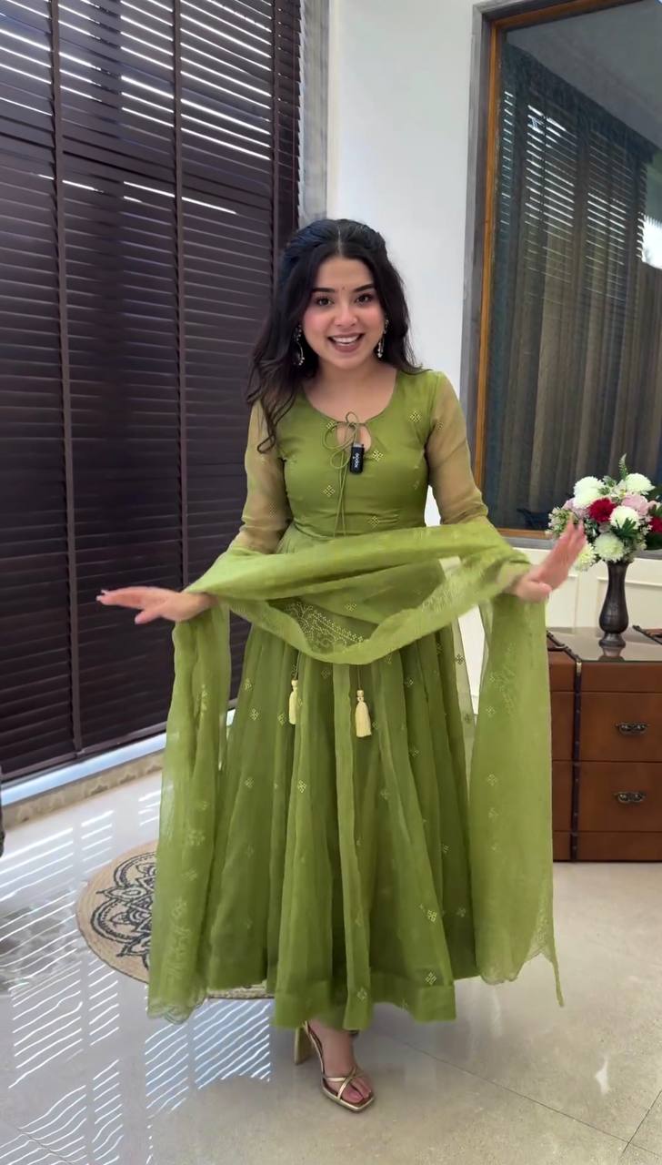 Green Designer Faux Georgette Embroidered Gown and Dupatta Set
