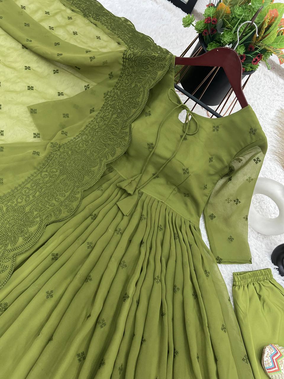 Green Designer Faux Georgette Embroidered Gown and Dupatta Set