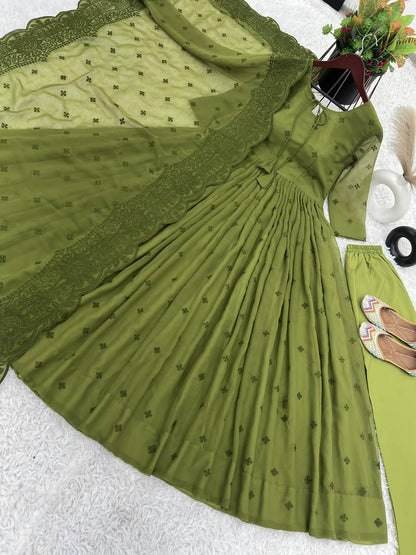 Green Designer Faux Georgette Embroidered Gown and Dupatta Set