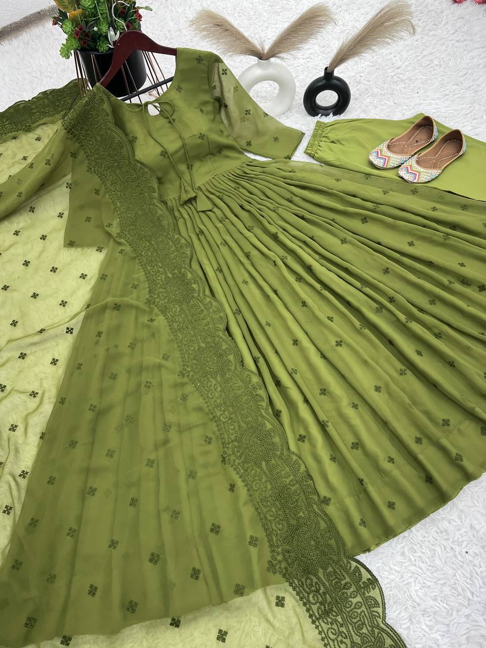 Green Designer Faux Georgette Embroidered Gown and Dupatta Set