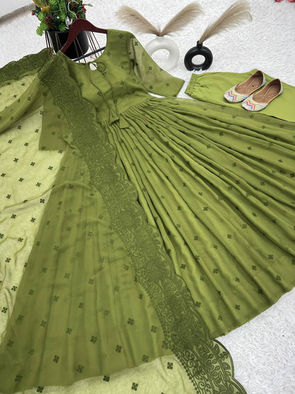 Green Designer Faux Georgette Embroidered Gown and Dupatta Set