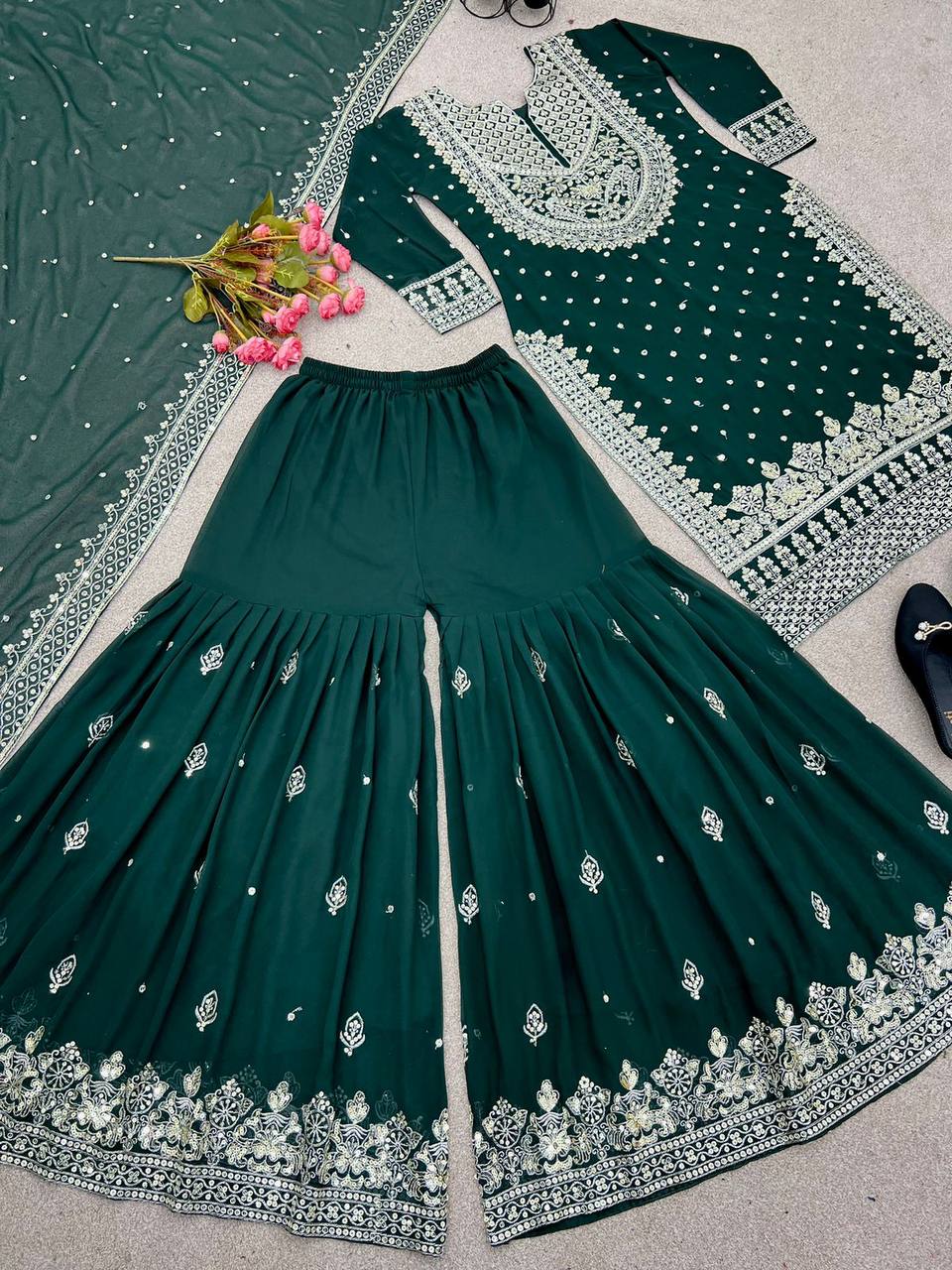 Green Designer Faux Georgette Top Gharara & Dupatta For Party Wear