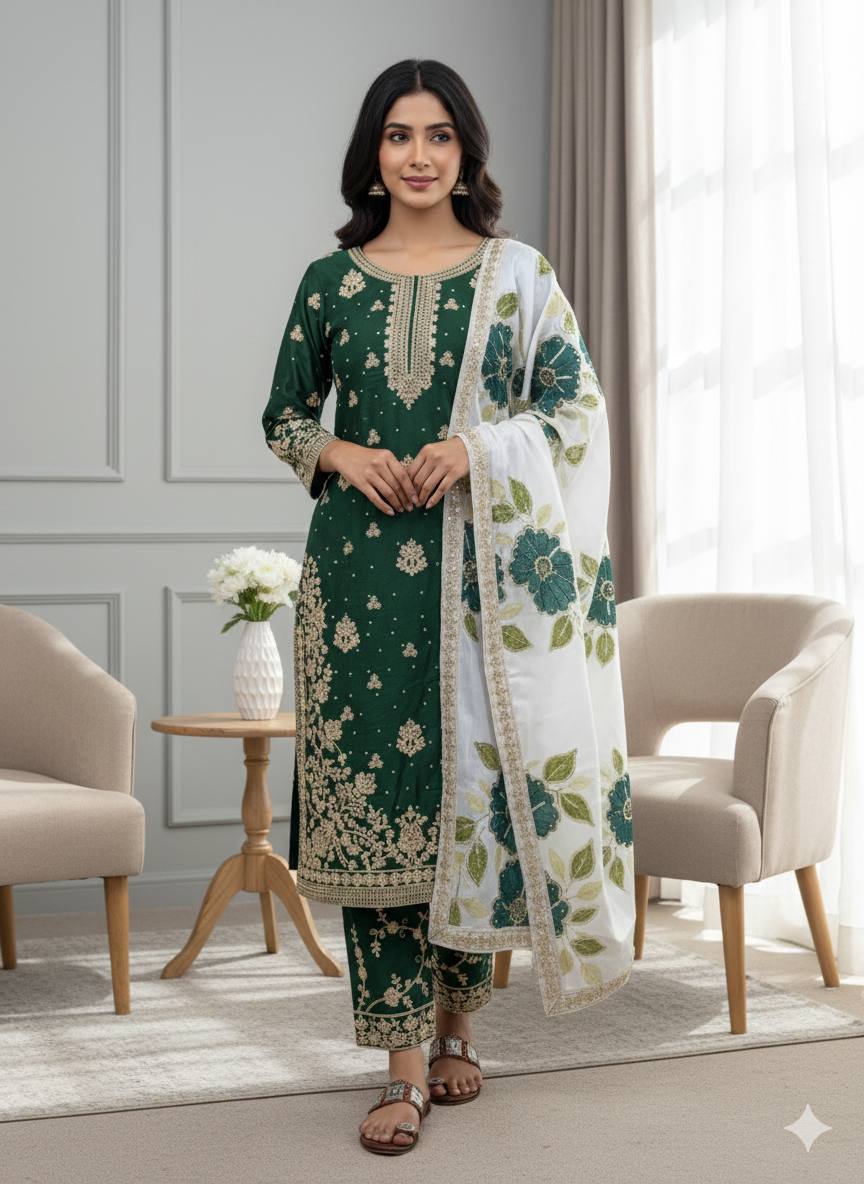 Green Designer GMY Silk Embroidery Plazzo Suit and Dupatta