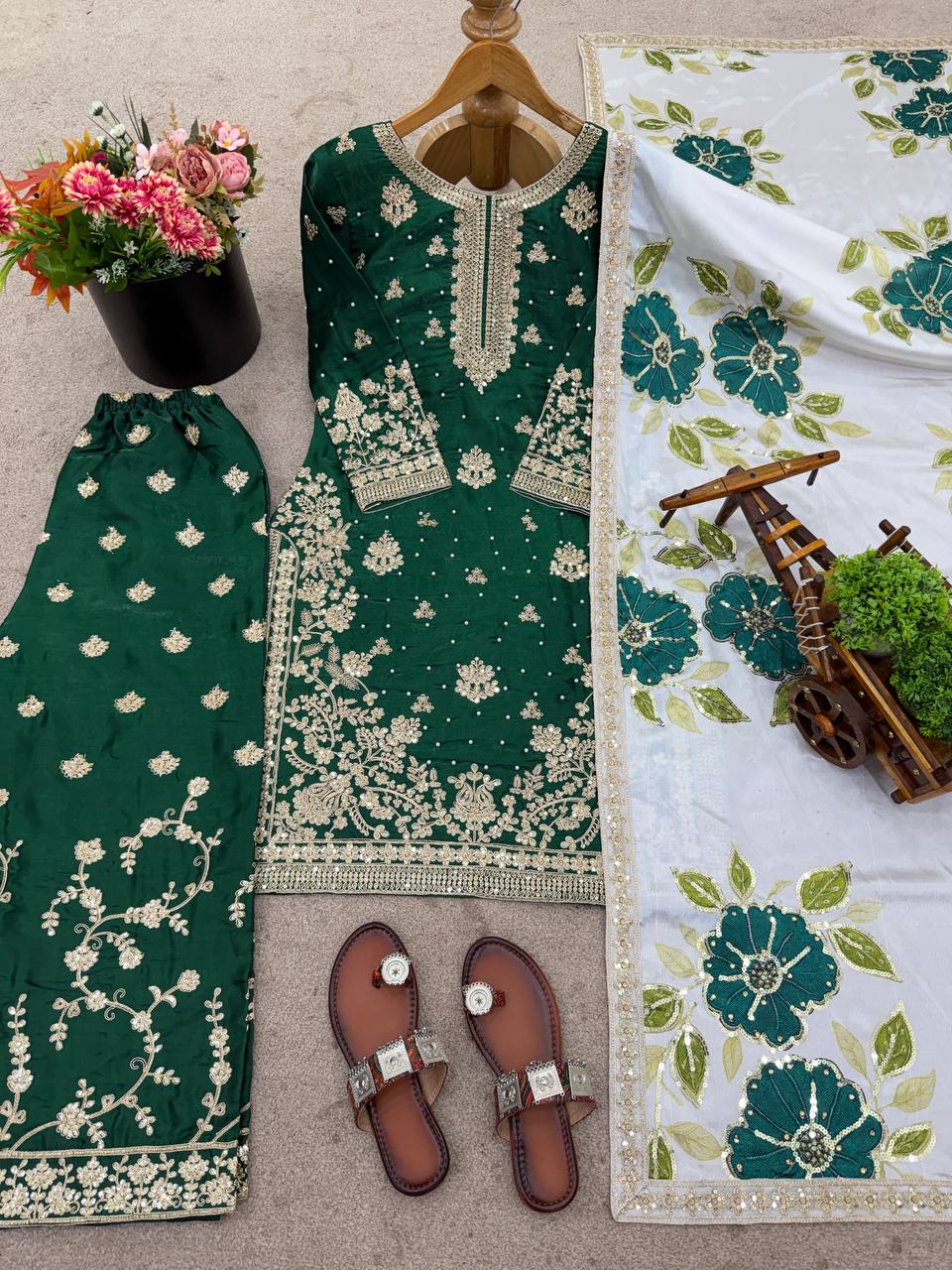 Green Designer GMY Silk Embroidery Plazzo Suit and Dupatta