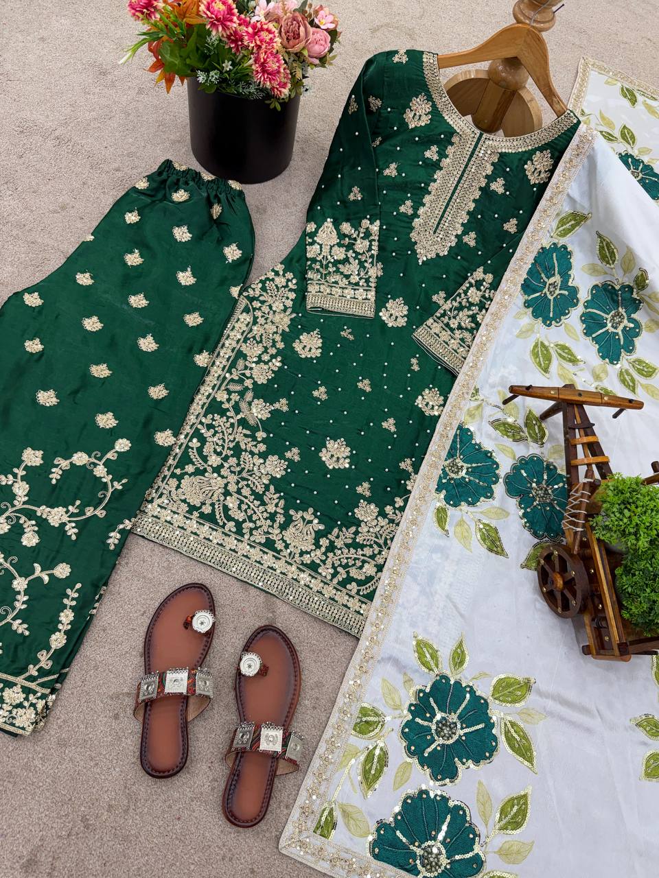 Green Designer GMY Silk Embroidery Plazzo Suit and Dupatta