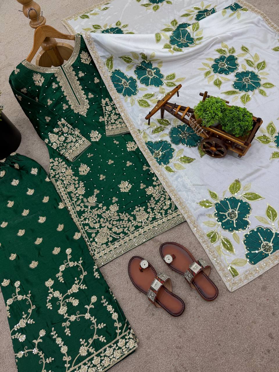 Green Designer GMY Silk Embroidery Plazzo Suit and Dupatta
