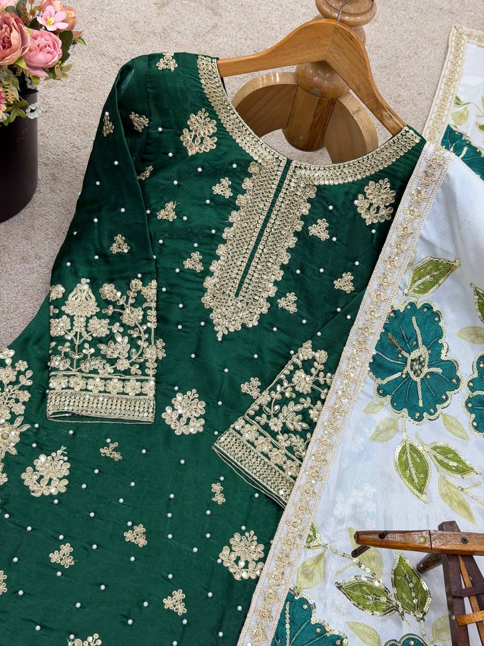 Green Designer GMY Silk Embroidery Plazzo Suit and Dupatta