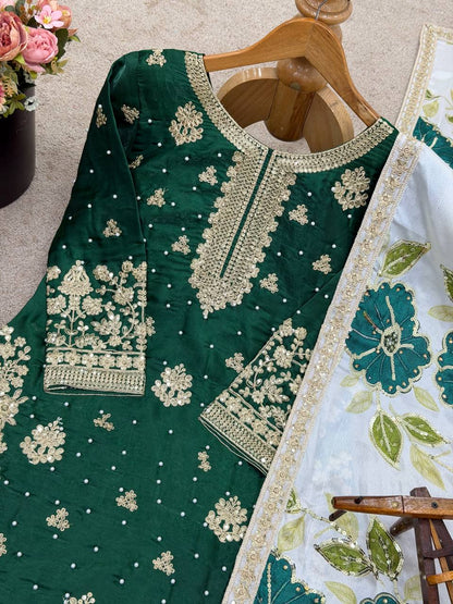 Green Designer GMY Silk Embroidery Plazzo Suit and Dupatta