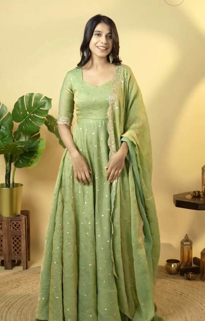 Green Designer Gold Crush Silk Embroidery Gown With Matching Dupatta
