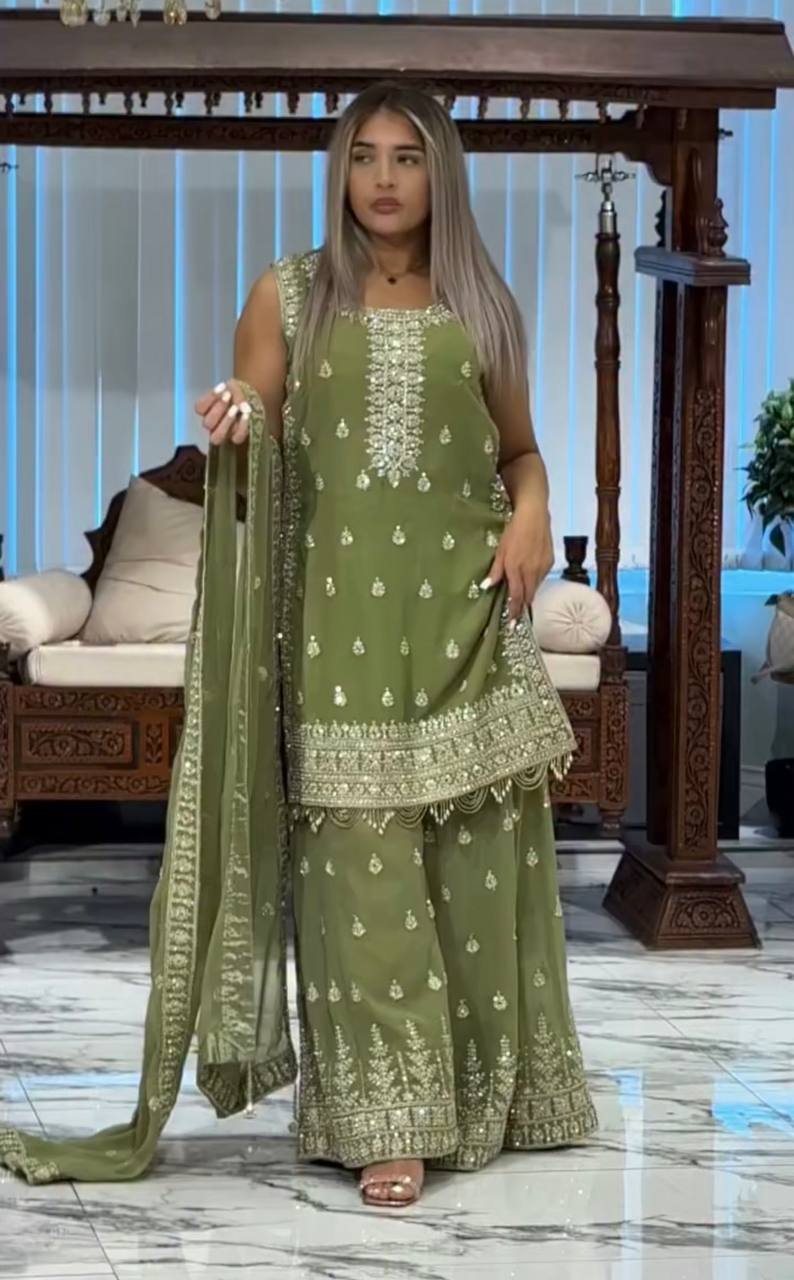 Green Designer Heavy Faux Georgette Plazzo Top and Dupatta Set