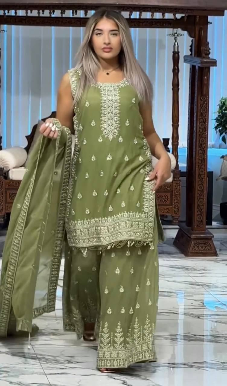 Green Designer Heavy Faux Georgette Plazzo Top and Dupatta Set