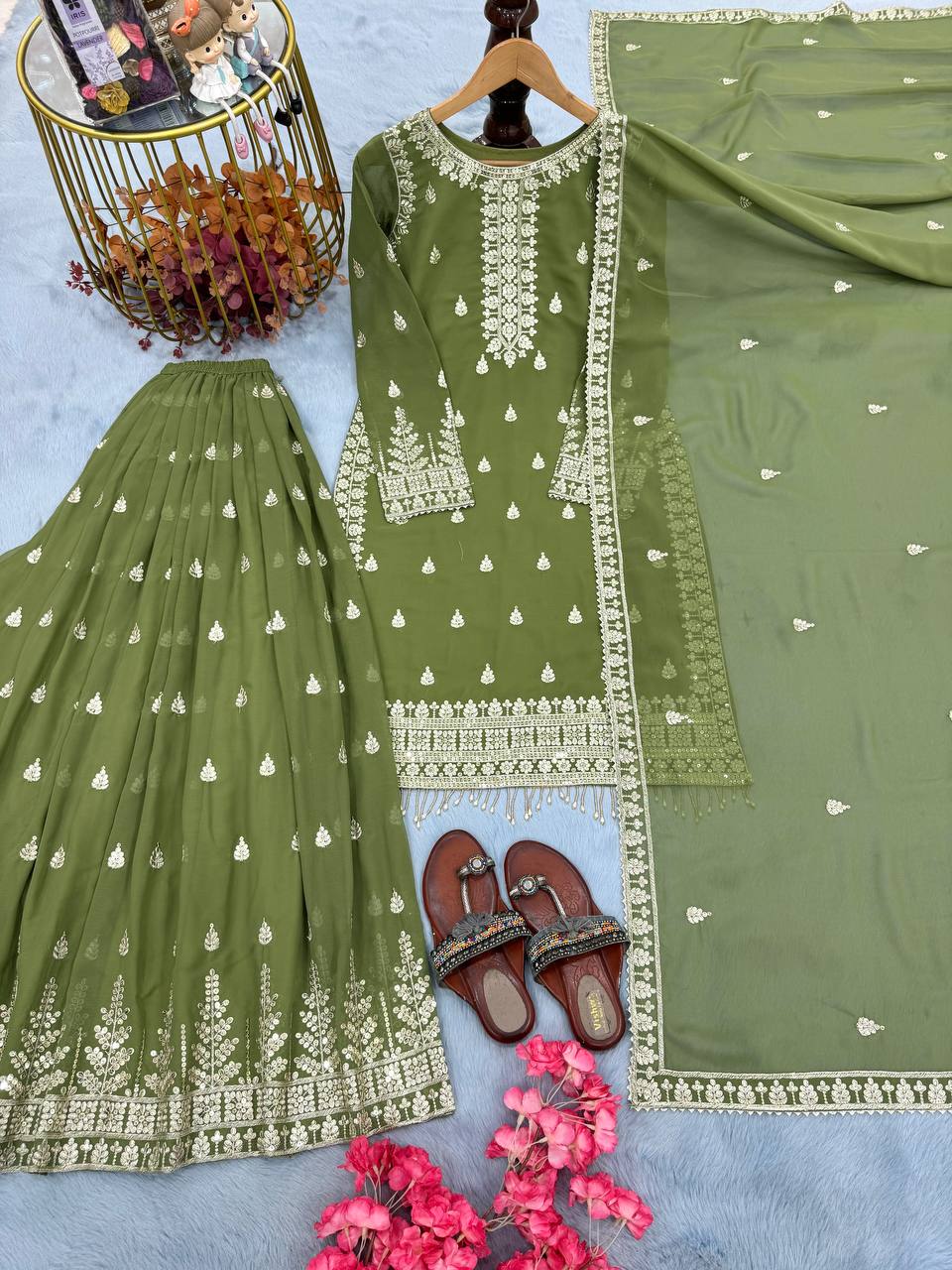 Green Designer Heavy Faux Georgette Plazzo Top and Dupatta Set