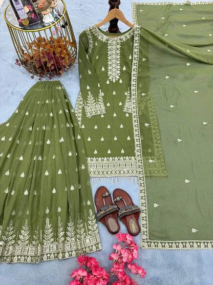 Green Designer Heavy Faux Georgette Plazzo Top and Dupatta Set