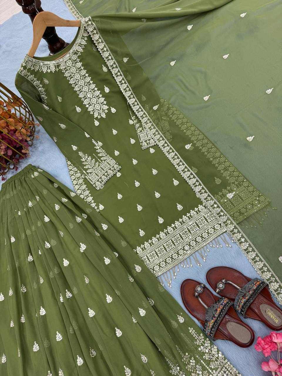 Green Designer Heavy Faux Georgette Plazzo Top and Dupatta Set