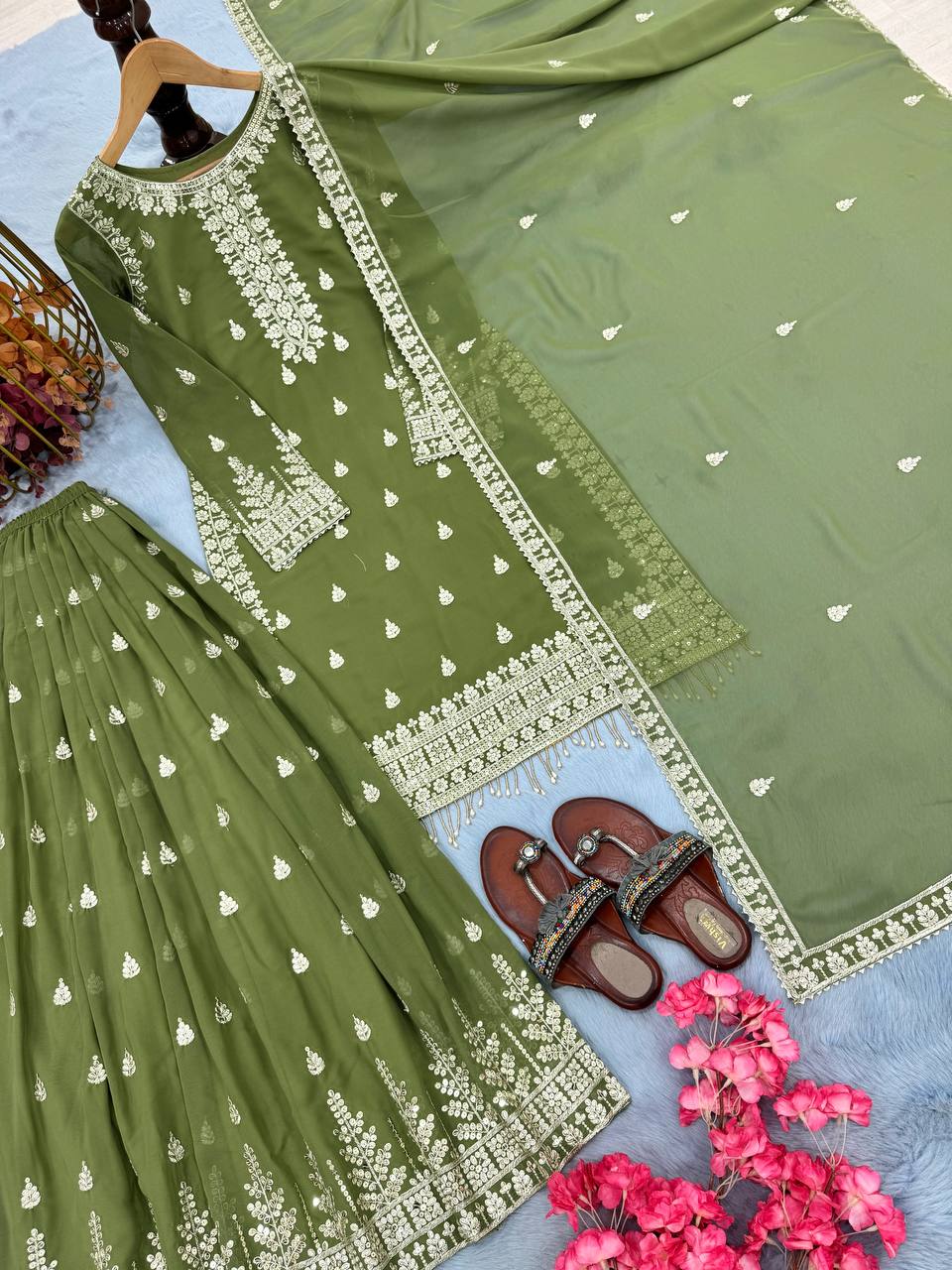 Green Designer Heavy Faux Georgette Plazzo Top and Dupatta Set