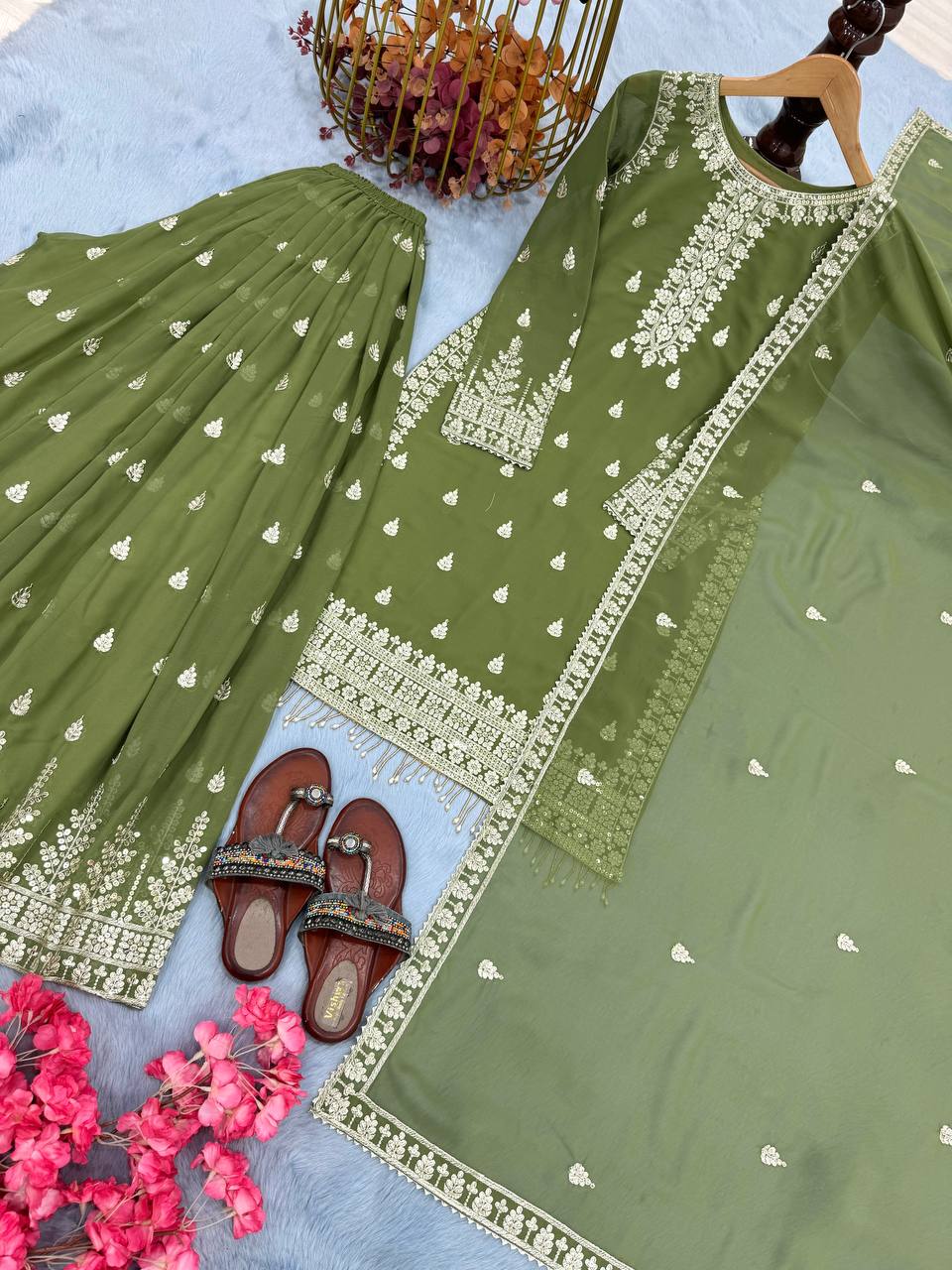 Green Designer Heavy Faux Georgette Plazzo Top and Dupatta Set