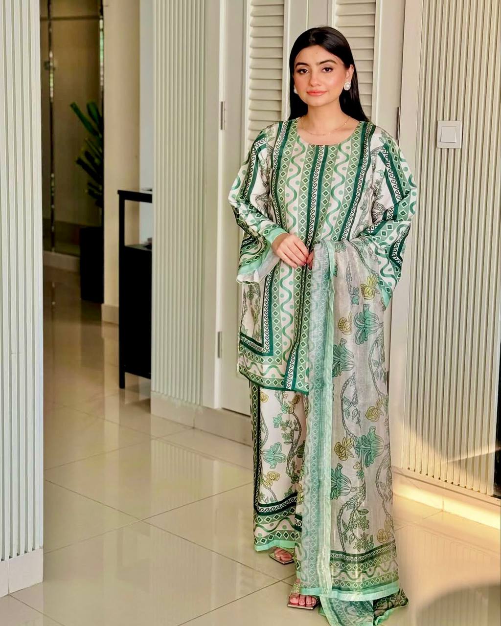 Green Designer Natural Crepe Digital Print Plazzo Top and Dupatta