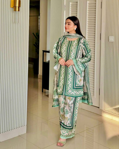 Green Designer Natural Crepe Digital Print Plazzo Top and Dupatta