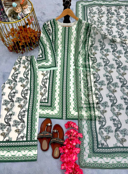 Green Designer Natural Crepe Digital Print Plazzo Top and Dupatta