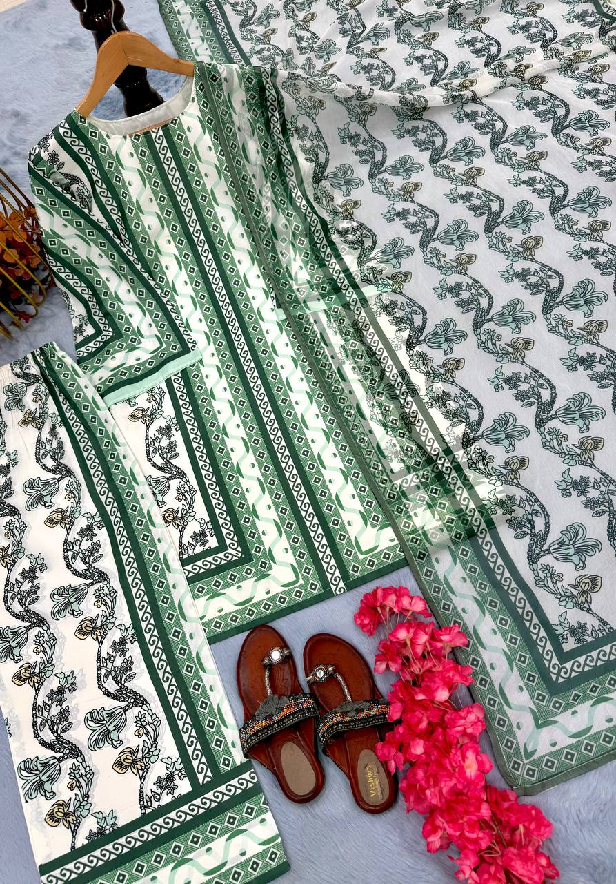 Green Designer Natural Crepe Digital Print Plazzo Top and Dupatta