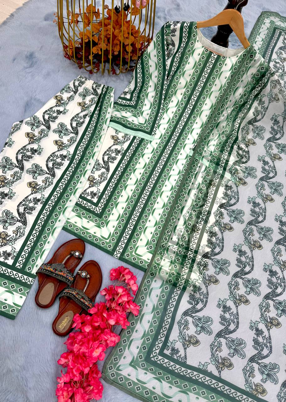 Green Designer Natural Crepe Digital Print Plazzo Top and Dupatta