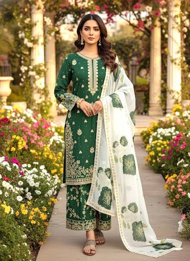 Green Designer Pure Fendi Silk Plazzo Top and Dupatta For Party Wear