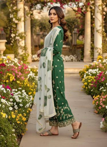 Green Designer Pure Fendi Silk Plazzo Top and Dupatta For Party Wear